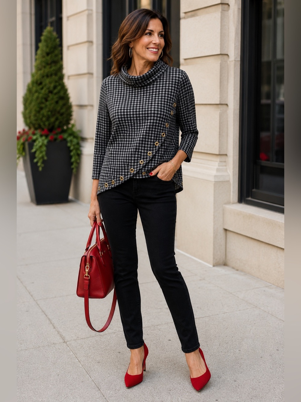 Multiples Gray and White Checkered Cowl Neck Top